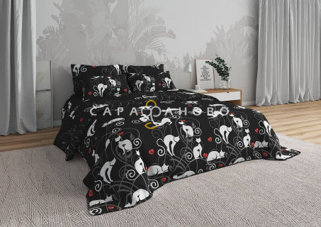 Ткань Бязь Люкс 220 см 125 гр рис Кошки (на чёрном)
